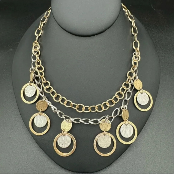 Two Tone Brushed Gold and Silver Unique Geometric Circle Pendant Necklace - Picture 4 of 7